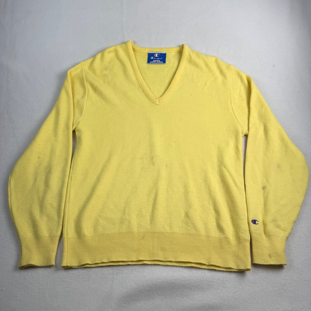 Vintage Champion V-Neck Sweater Yellow Made in USA Mens XL Retro Knit Pullover‎